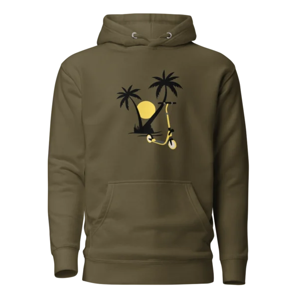 E-Scooter Graphic Hoodie: Palm Tree E-Scooter Sunset (Military Green)