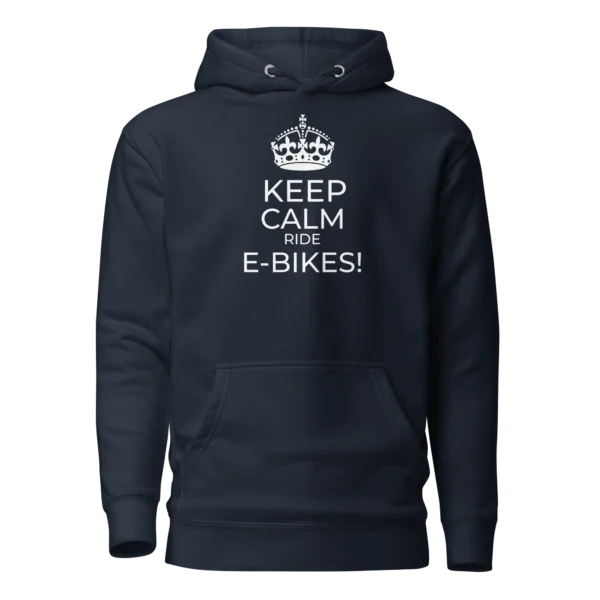 E-Bike Graphic Hoodie: Keep Calm Ride E-Bikes (Navy Blue)