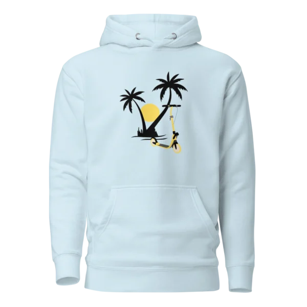 E-Scooter Graphic Hoodie: Palm Tree E-Scooter Sunset (Sky Blue)