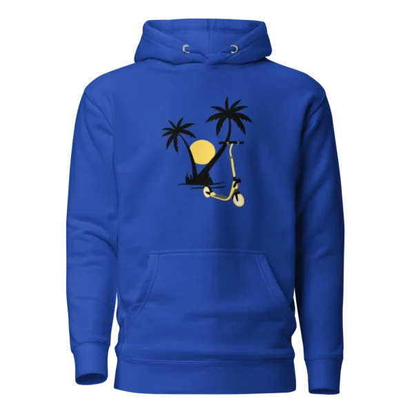 E-Scooter Graphic Hoodie: Palm Tree E-Scooter Sunset (Royal Blue)