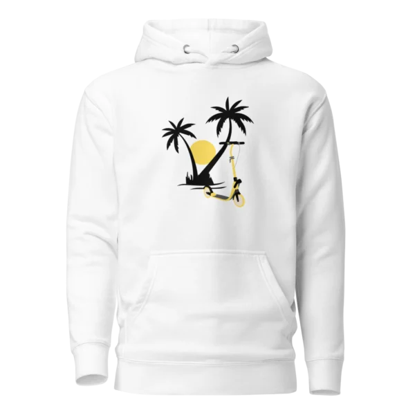 E-Scooter Graphic Hoodie: Palm Tree E-Scooter Sunset (White)
