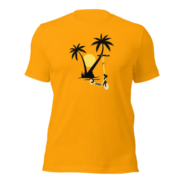 E-Scooter Graphic T-Shirt: Palm Tree Scooter Sunset (Gold)