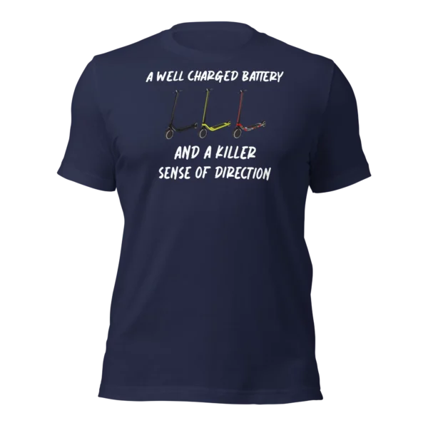 Funny T-Shirt: Well Charged battery, Killer Sense Of Direction (Navy Blue)