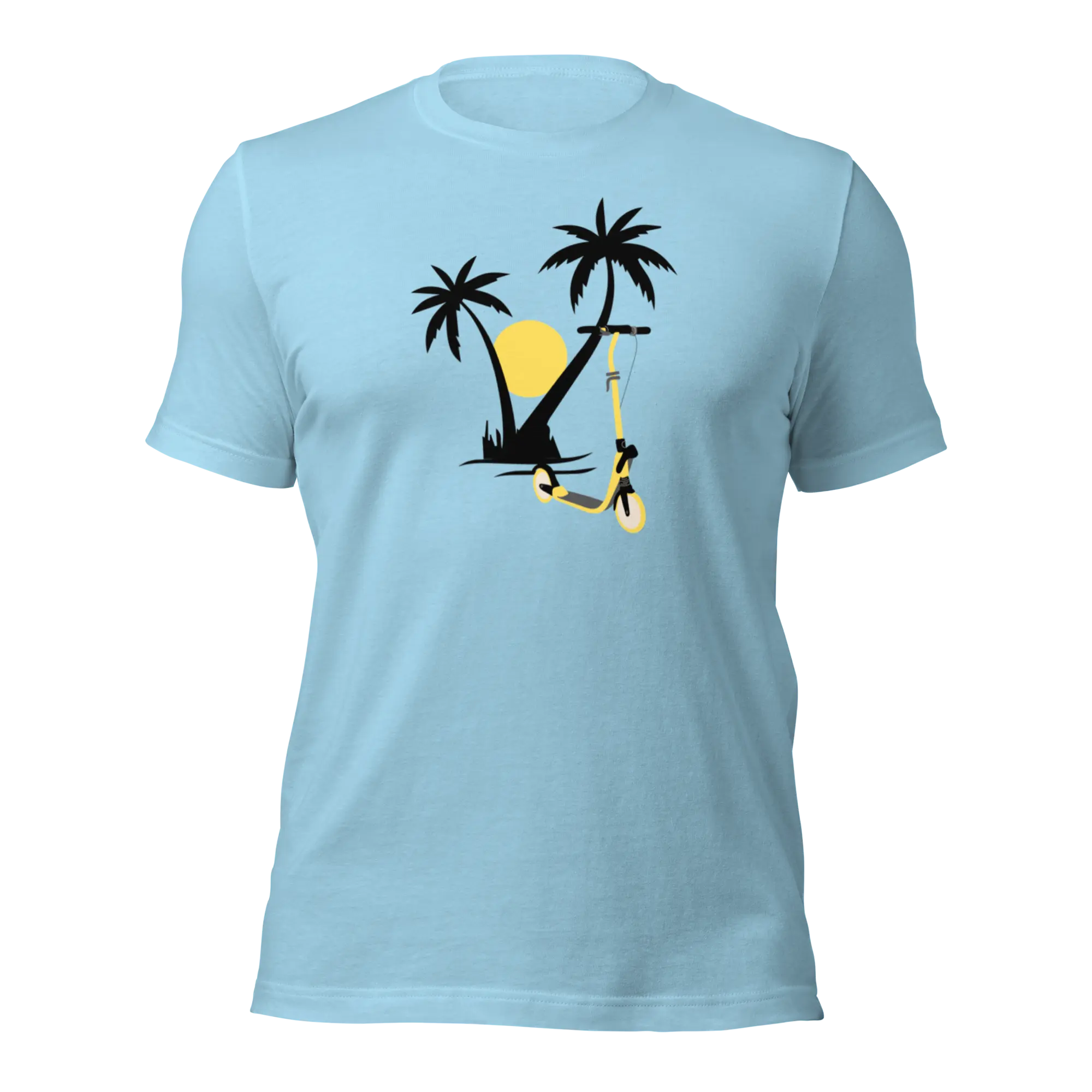 E-Scooter Graphic T-Shirt: Palm Tree Scooter Sunset (Ocean Blue)