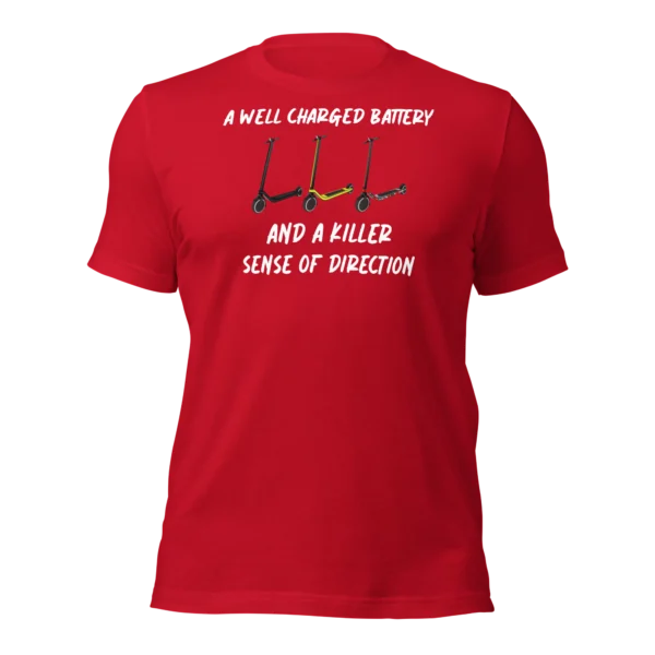 Funny T-Shirt: Well Charged battery, Killer Sense Of Direction (Red)