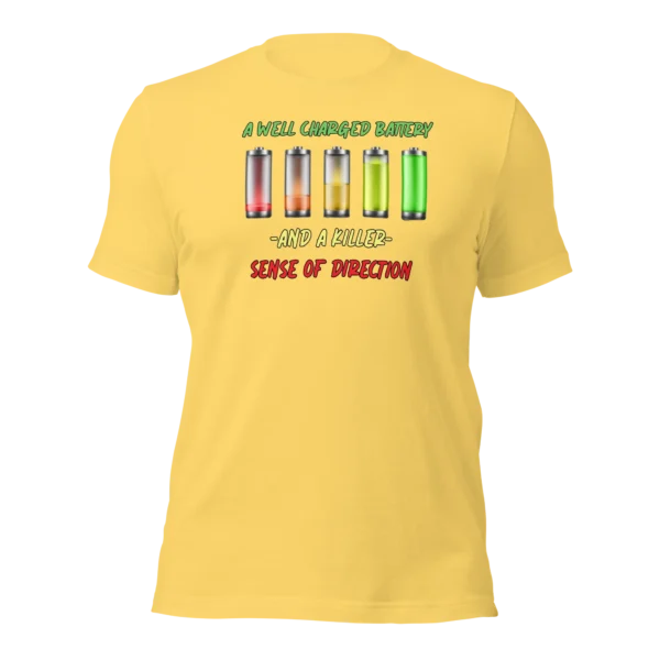 Funny e-scooter T-Shirt: Well Charged battery, Killer Sense Of Direction (Yellow)