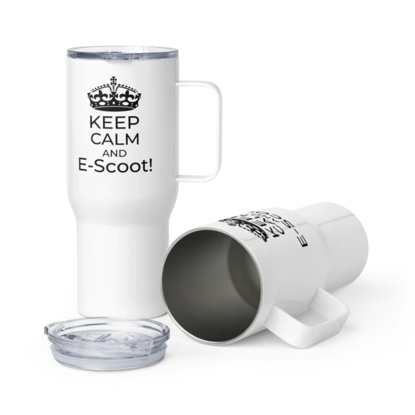 25oz stainless steel travel mug with "keep calm And E-Scoot" Text