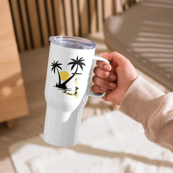 Stainless Steel Travel Mug: E-Scooter Palm Tree Sunset