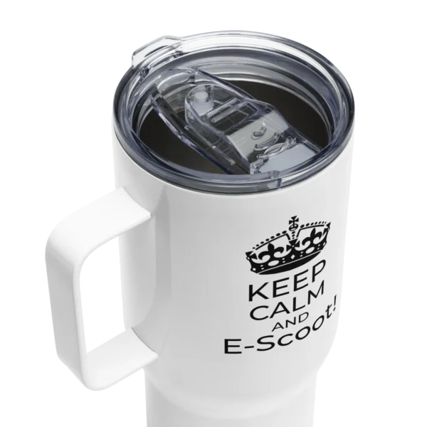 25oz stainless steel travel mug with "keep calm And E-Scoot" Text. Top View
