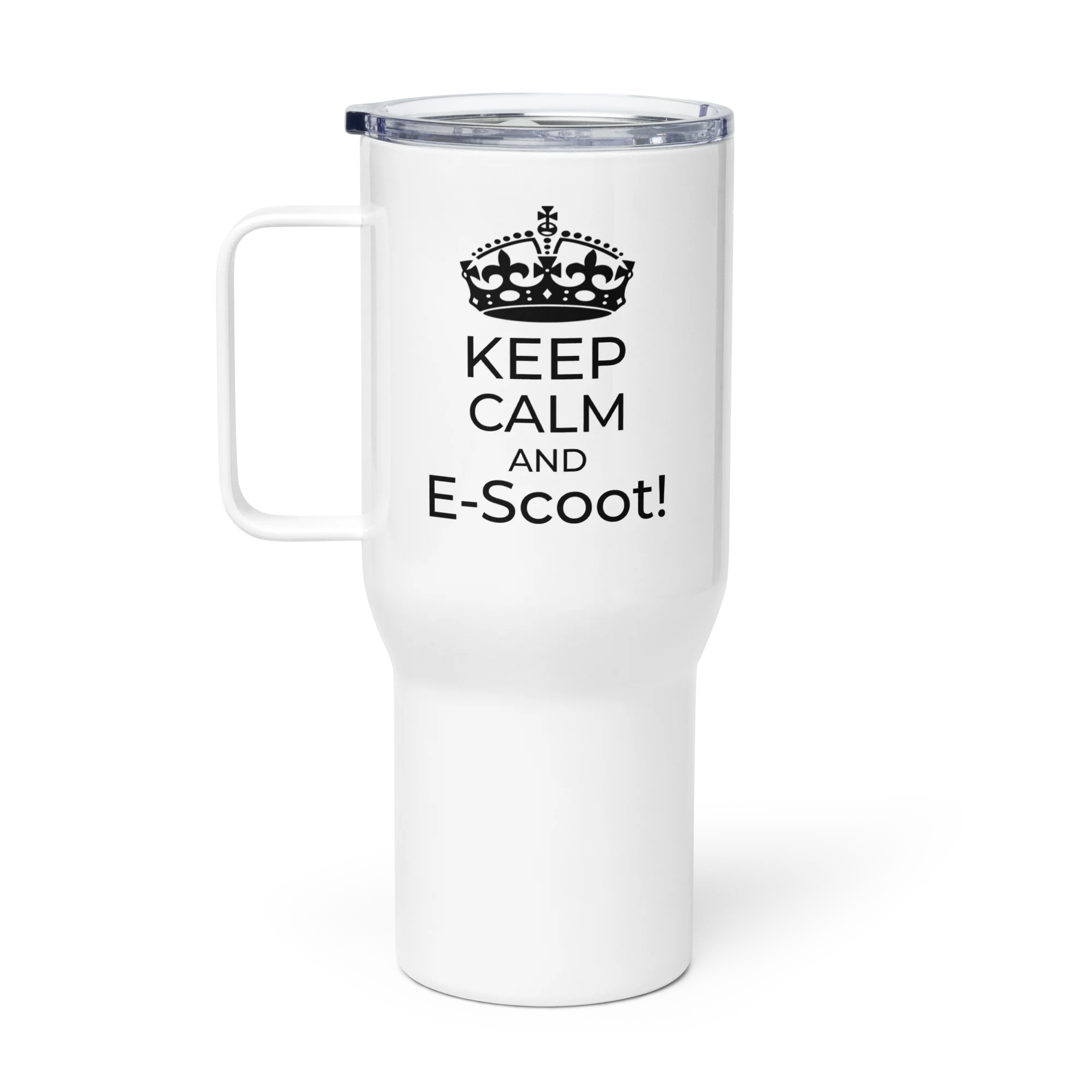 25oz stainless steel travel mug with "keep calm And E-Scoot" Text