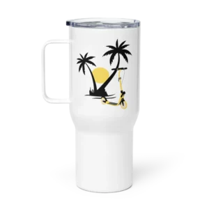 Stainless Steel Travel Mug With Handle: E-Scooter Palm Tree Sunset