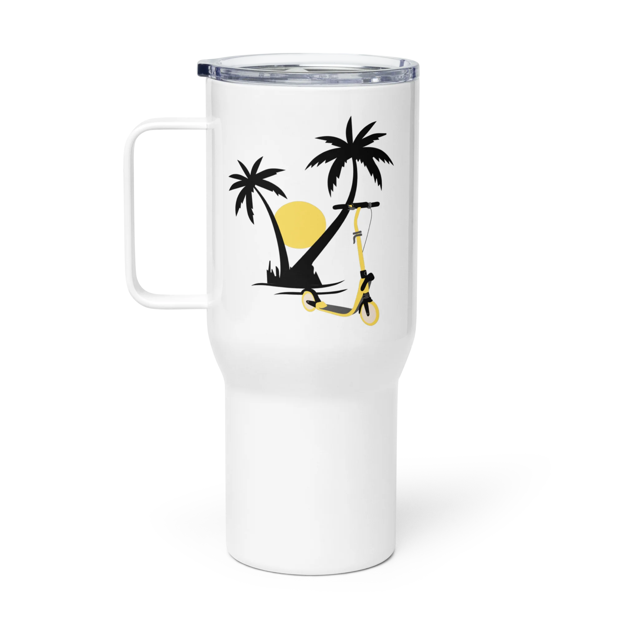 Stainless Steel Travel Mug With Handle: E-Scooter Palm Tree Sunset