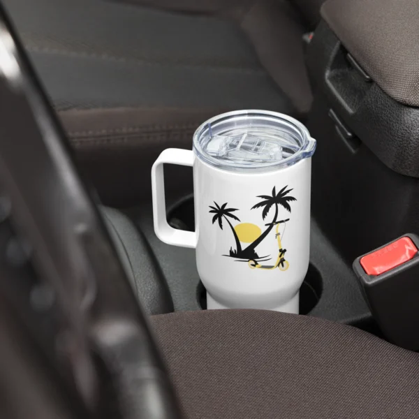 Stainless Steel Travel Mug: E-Scooter Palm Tree Sunset in a cup holder