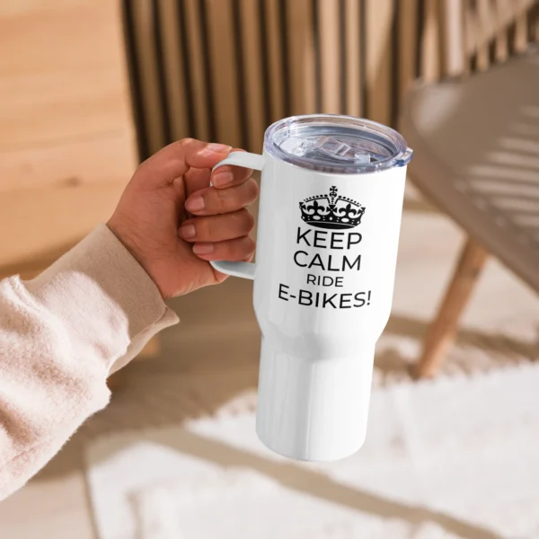 Stainless Steel Travel Mug with handle: Keep Calm And E-Bike