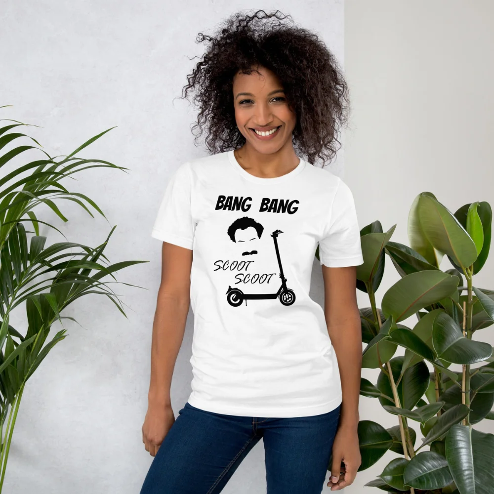 A Woman wearing a Funny E-Scooter T-Shirt: Bang Bang Scoot Scoot