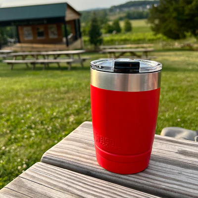 a picture of a red 12oz tumbler from bison coolers