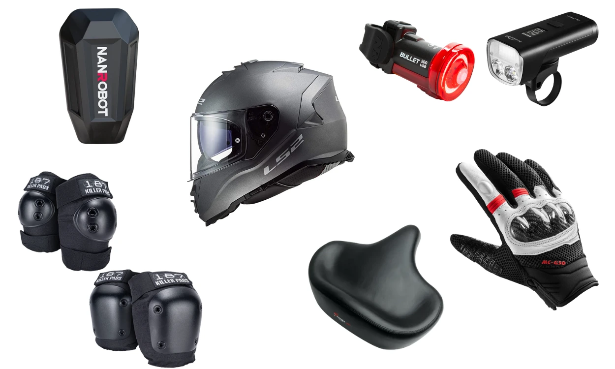 image of different accessories used on electric scooters and e-bikes.
