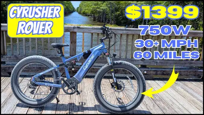 Cyrusher Rover E-Bike Sitting On A wooden bridge over water